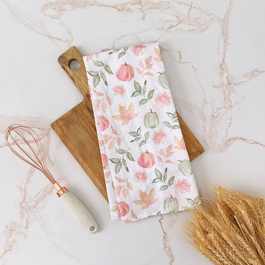 Fall Pink and Green Flour Sack Kitchen Tea Towels