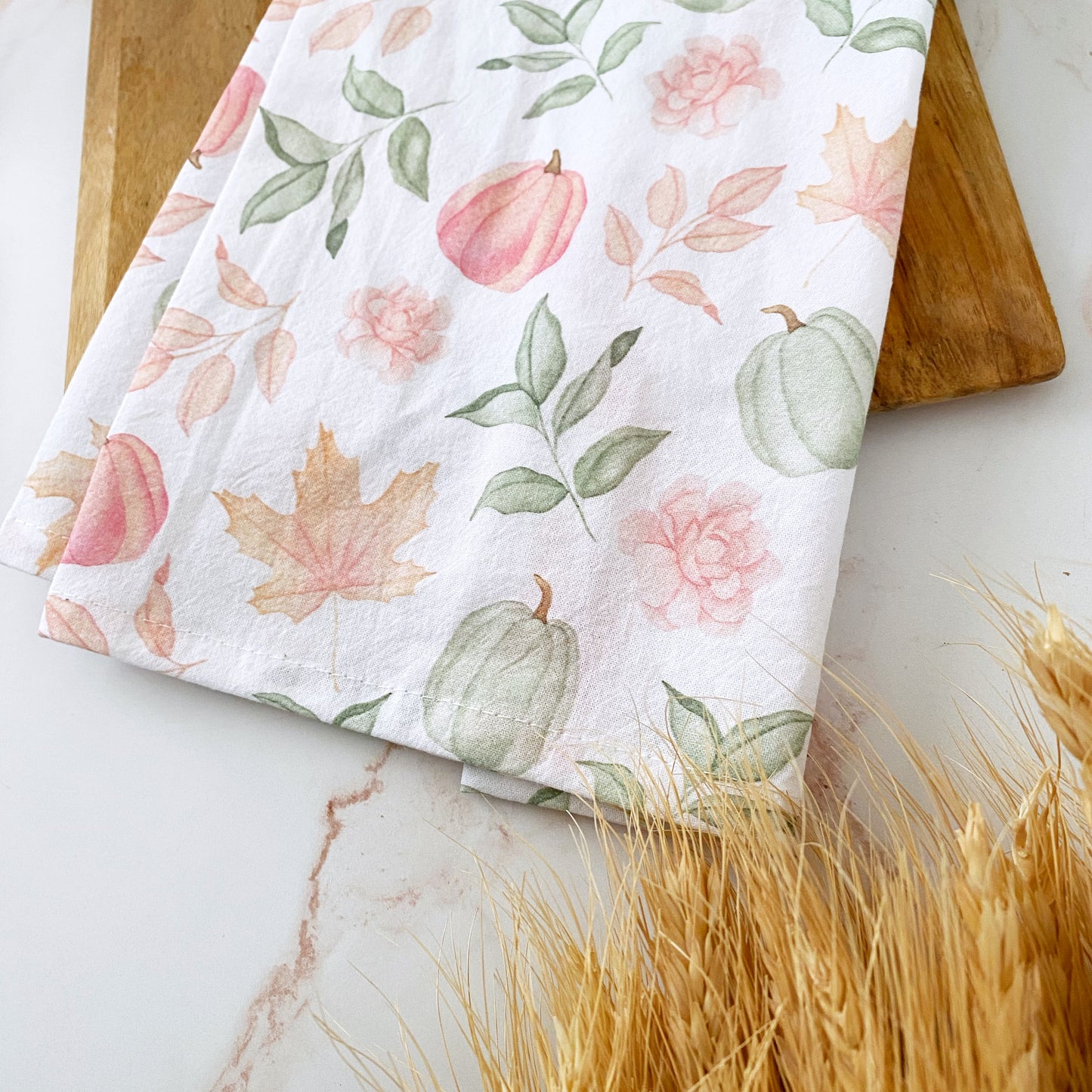 Fall Pink and Green Flour Sack Kitchen Tea Towels