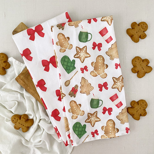 Gingerbread and Red Bows Christmas Flour Sack Towel Set